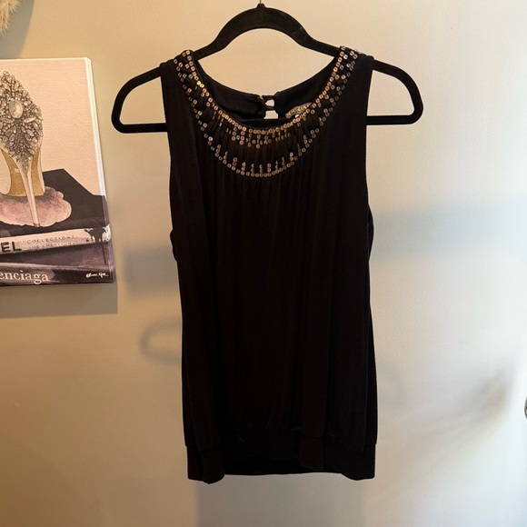 KRIZIA POI Black Sleeveless Top with Gold Embellished Neck Size 46/XL - Picture 7 of 8